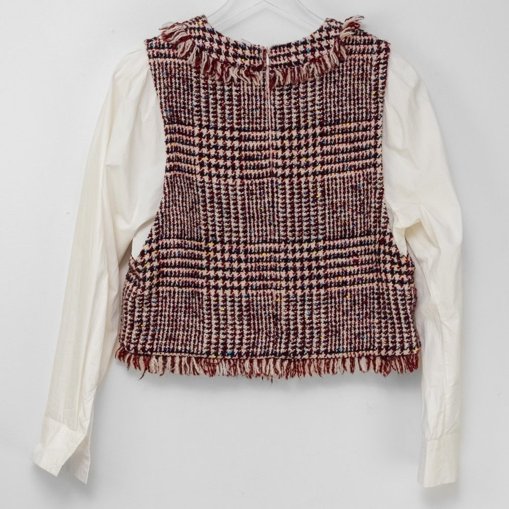Anthropologie Mare Mare Quinn Tweed Top Dress Shirt Burgundy White Size Medium - Picture 3 of 6